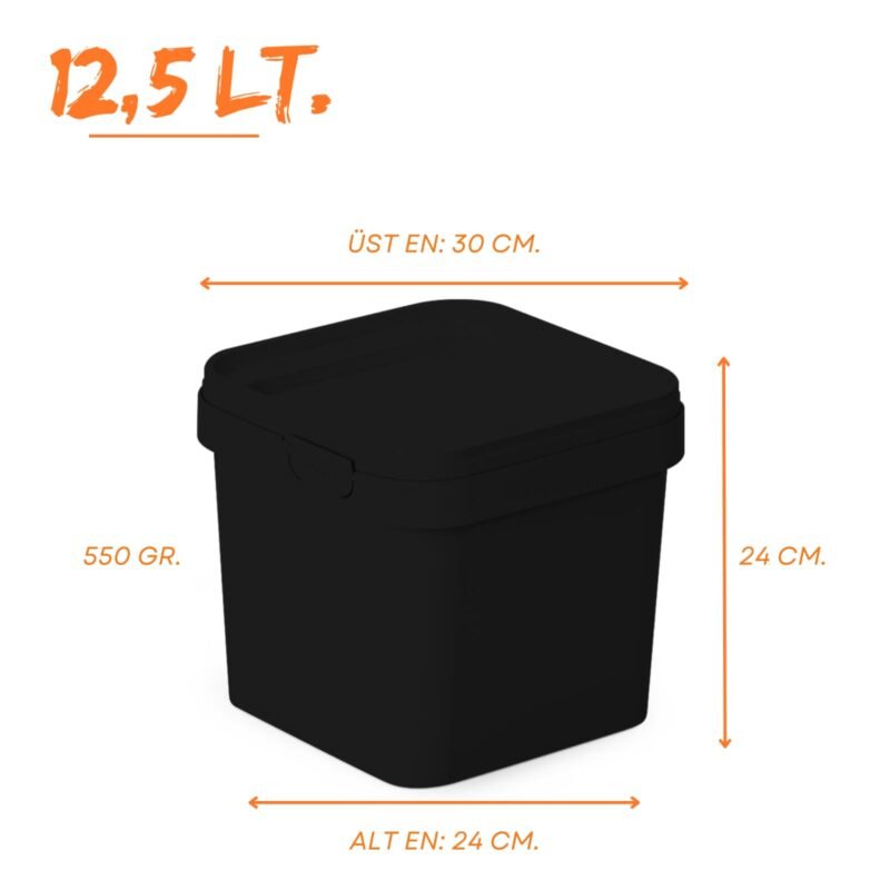 12,5 litre siyah kare plastik kova – kapaklı