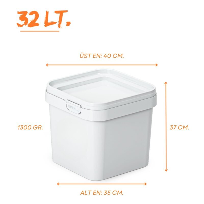32 litre kare beyaz plastik kova – kapaklı ve saplı